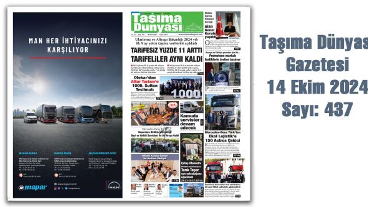 Taşıma Dünyası Gazetesi 14 Ekim 2024 tarihli 437. sayısını PDF Formatından Okuyabilirsiniz